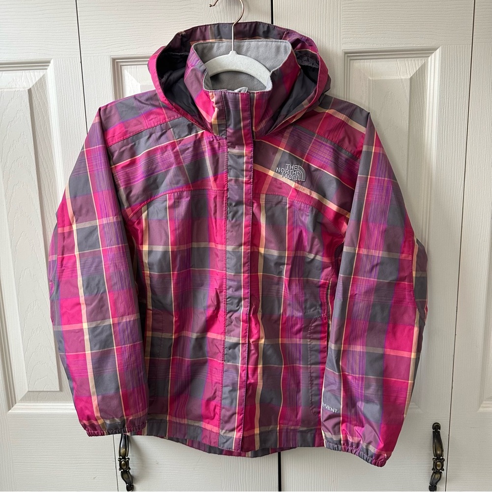 The North Face Waterproof Pink Plaid Hooded Hyvent Jacket Girls Size M 10/12